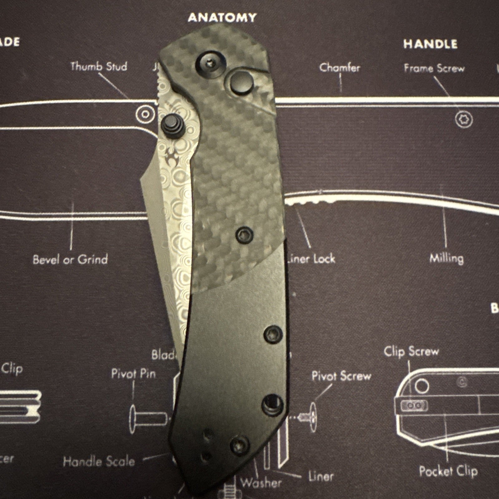 Kansept Fenrir Sparrow Damascus Blade, Carbon Fiber  Black wash Aluminum