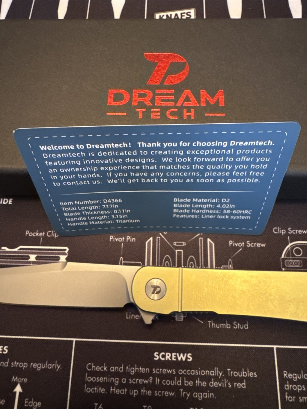 Dreamtech Liner Lock, TITANIUM Handle, D2 Blade, Model D4366GR