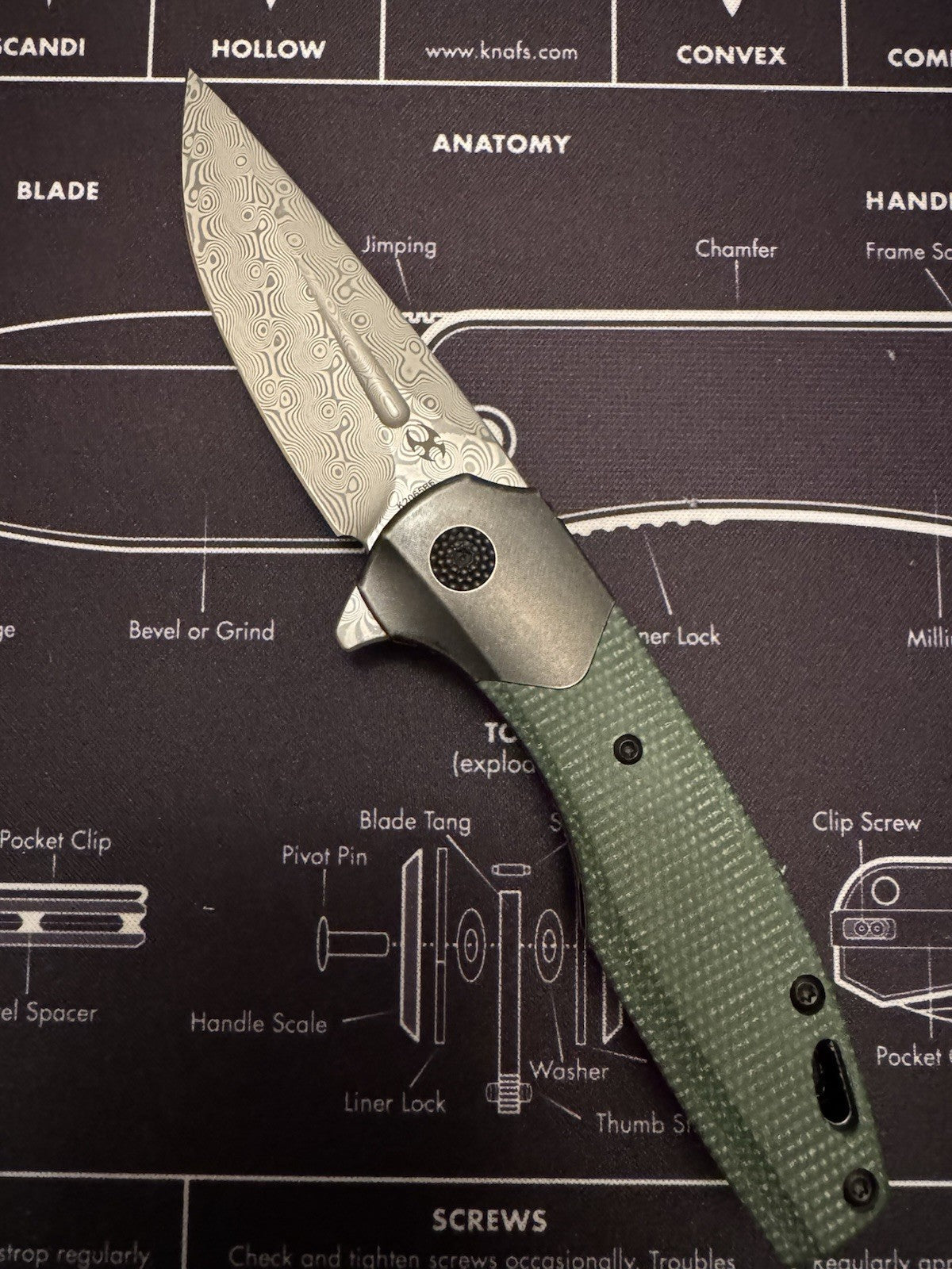 Kansept Knives Cassowary Folding Knife 3" Damascus Steel Blade Titanium/Micarta